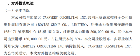 博維仕擬與加拿大共同出資港幣20萬設立控股子公司博維仕集團 其中公司出資港幣16萬